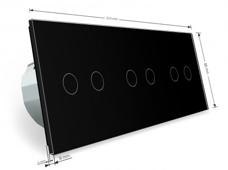 Сенсорный радиоуправляемый проходной выключатель 6 сенсоров (2-2-2) Livolo черный стекло
