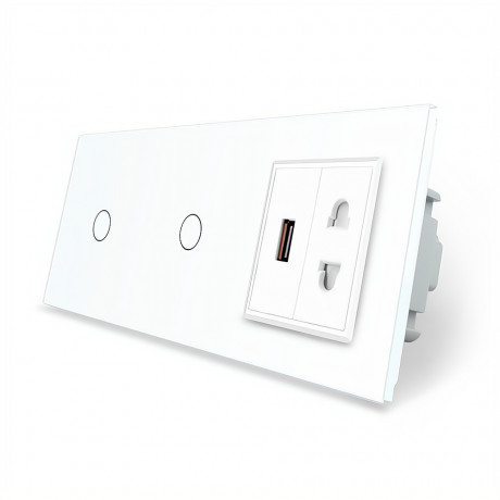 Сенсорный выключатель 2 сенсора (1-1) 1 USB 1 универсальная розетка Livolo белый стекло