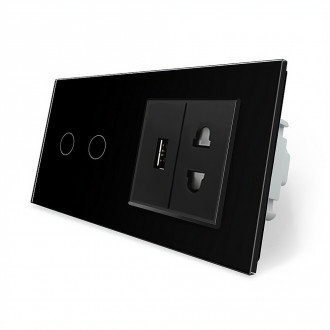 Сенсорный выключатель 2 сенсора 1 USB 1 розетка универсальная Livolo черный стекло (VL-C702/C7USBC1A-12)