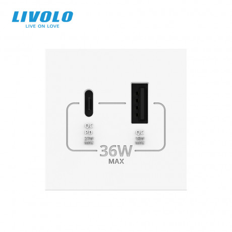Механизм розетка USB-A и USB-C 36W Livolo белый (VL-FCUA18W.UC18W-2WP)