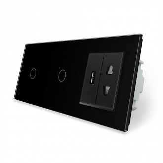 Сенсорный выключатель 2 сенсора (1-1) 1 USB 1 универсальная розетка Livolo черный стекло