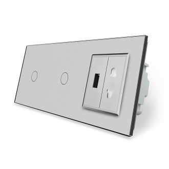 Сенсорный выключатель 2 сенсора (1-1) 1 USB 1 универсальная розетка Livolo серый стекло