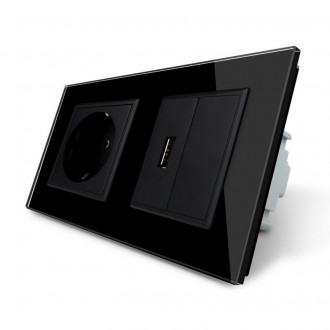 Розетка с заземлением с USB розеткой Livolo черный стекло (VL-C7C1EUUSBK0-12)