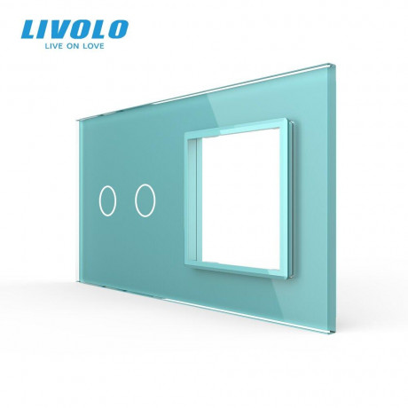 Сенсорная панель комбинированная для выключателя 2 сенсора 1 розетка (2-0) Livolo зеленый стекло (C7-C2/SR-18)