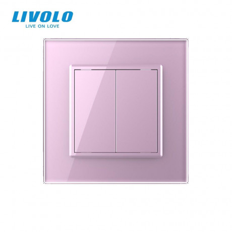 Двухклавишный проходной выключатель розовый стекло Livolo (VL-C7K2S-17)