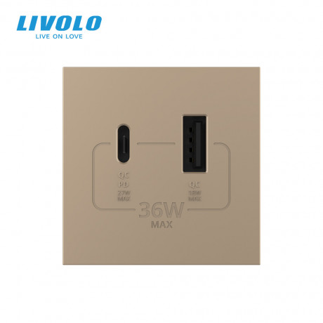 Механизм розетка USB-A и USB-C 36W Livolo золотой (VL-FCUA18W.UC18W-2AP)