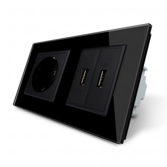 Розетка с заземлением с 2 USB розетками Livolo черный стекло (VL-C7C1EU2USB-12)