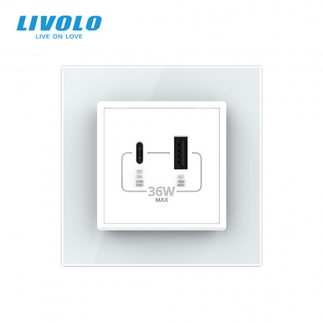 Розетка USB-A и USB-C 36W Livolo белый стекло (VL-C7FCUA18W.UC18W-2WP)