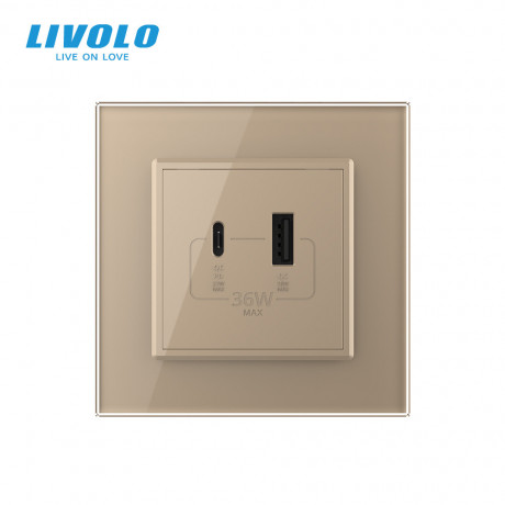 Розетка USB-A и USB-C 36W Livolo золотой стекло (VL-C7FCUA18W.UC18W-2AP)