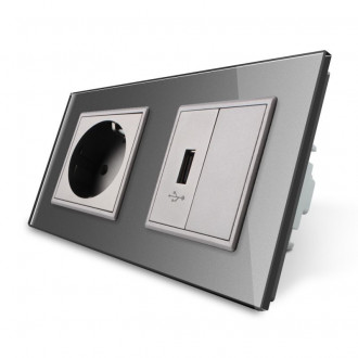 Розетка с заземлением с USB розеткой Livolo серый стекло (VL-C7C1EUUSBK0-15)
