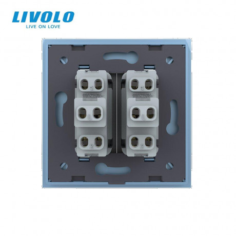 Двухклавишный проходной выключатель голубой стекло Livolo (VL-C7K2S-19)