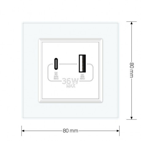 Розетка USB-A и USB-C 36W Livolo белый стекло (VL-C7FCUA18W.UC18W-2WP)