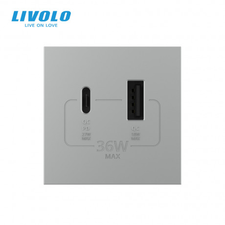 Механизм розетка USB-A и USB-C 36W Livolo серый (VL-FCUA18W.UC18W-2IP)